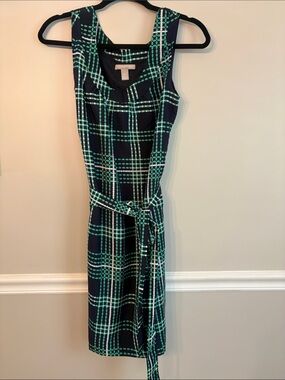 Banana Republic Navy & Teal Plaid Sleeveless Belted Dress